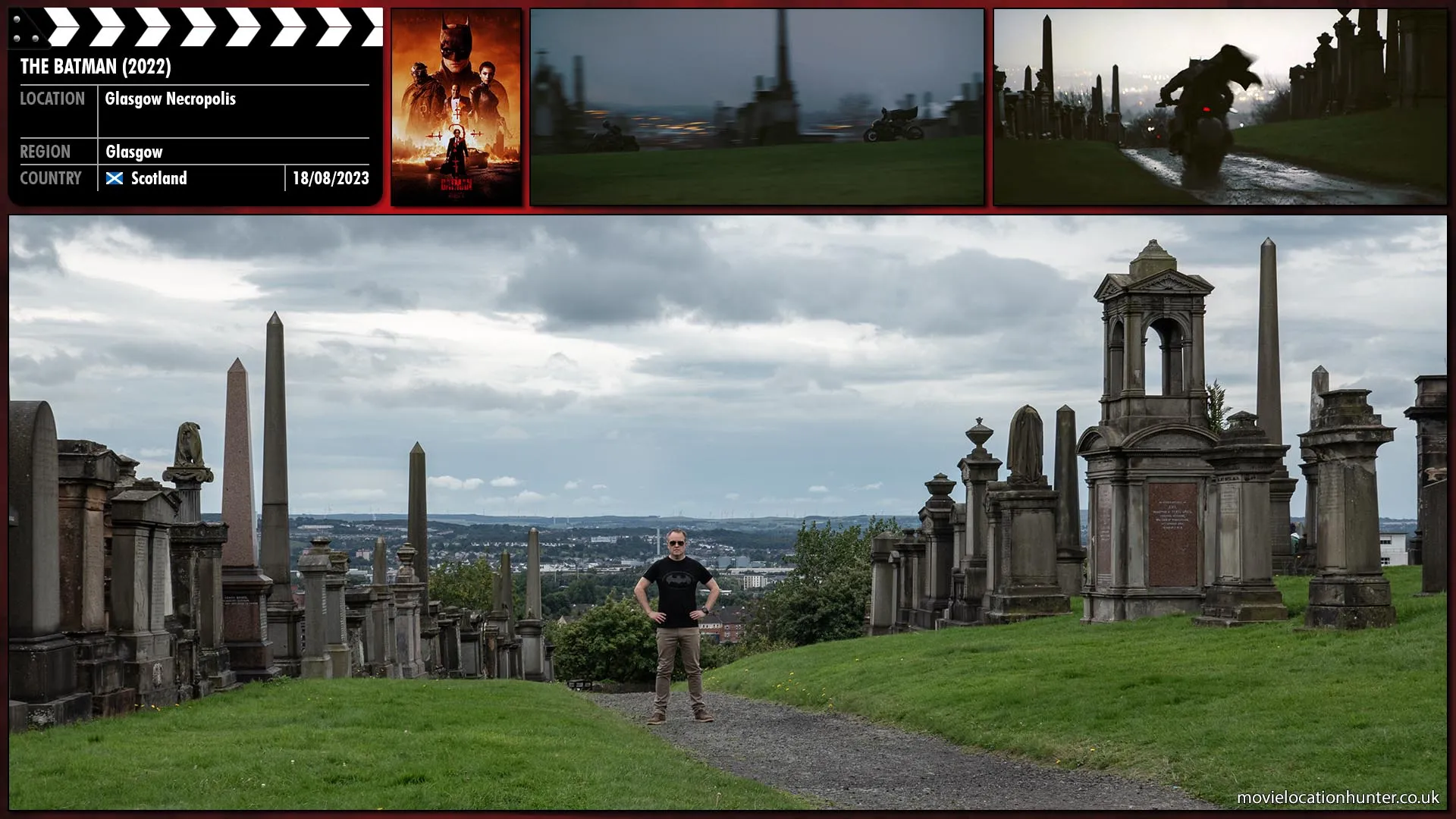 Filming location photo, shot in Scotland, for The Batman (2022). Scene description: Batman (Robert Pattinson) accelerates after Selina (Zoë Kravitz) as she rides through the cemetery.