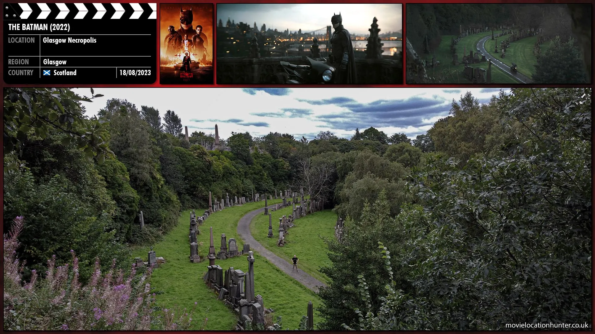 Filming location photo, shot in Scotland, for The Batman (2022). Scene description: Selina (Zoë Kravitz) deems Gotham to be beyond saving and tries to convince Batman (Robert Pattinson) to leave with her, but he declines. She nods a sad smile, starts her bike, and rides off.  Batman watches her go, mounting his; he revs the engine, accelerating after her and for a moment, they chase through the cemetery.