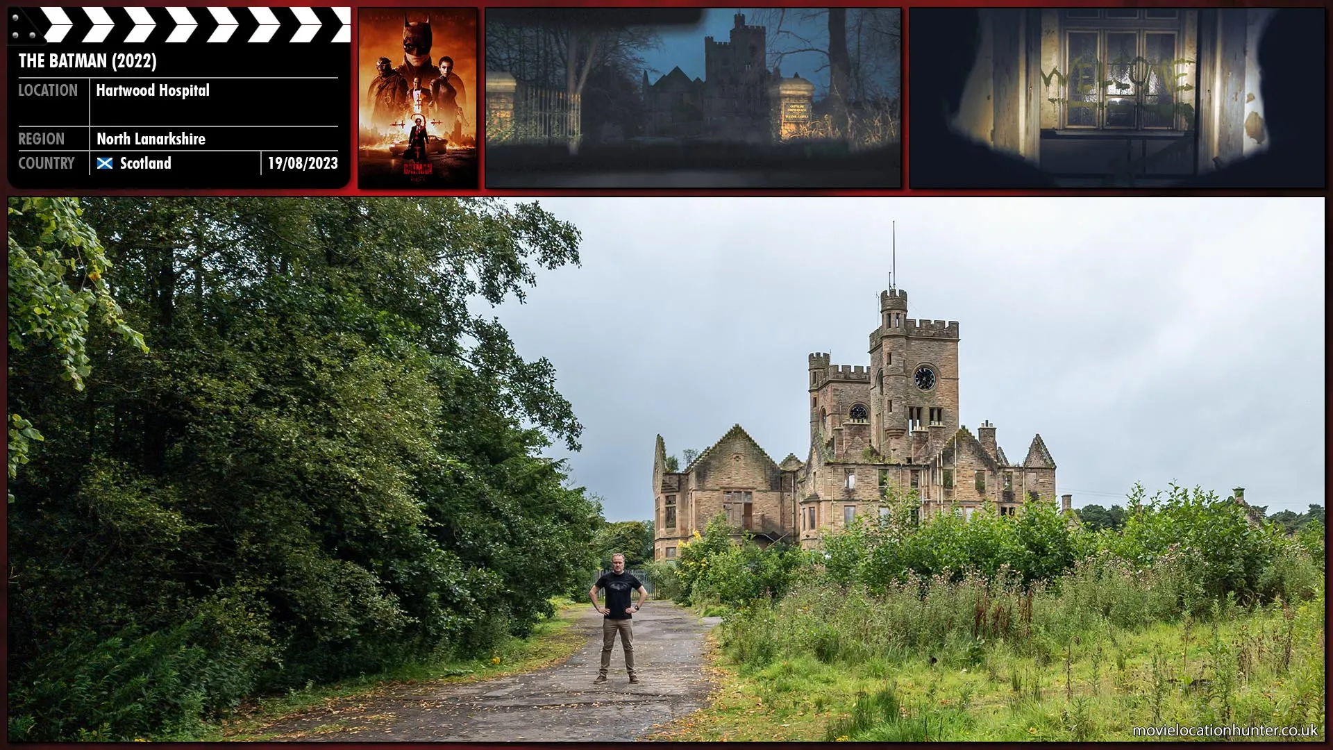 Filming location photo, shot in Scotland, for The Batman (2022). Scene description: Approaching a faded sign: 