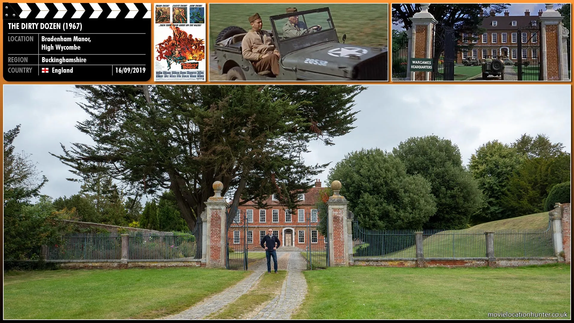 Filming location photo, shot in England, for The Dirty Dozen (1967). Scene description: Major Reisman (Lee Marvin) arrives at the wargames headquarters.
