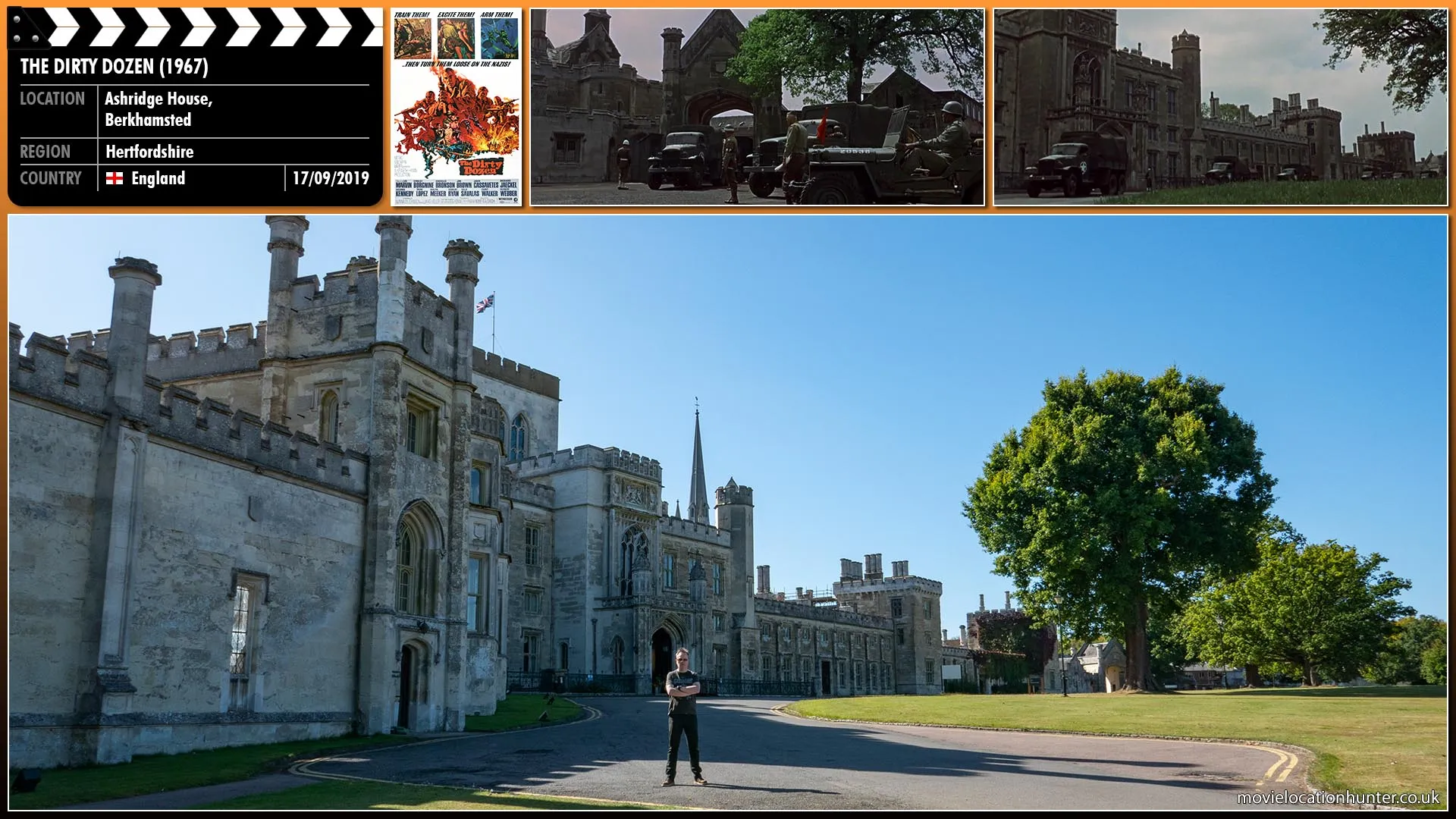 Filming location photo, shot in England, for The Dirty Dozen (1967). Scene description: WWII Army Major Reisman (Lee Marvin) is asked to lead a commando unit for a stealth attack on a posh vacation chateau for Wehrmacht officers in occupied France.  Twelve military convicts are picked from the Marston-Tyne Military Prison.