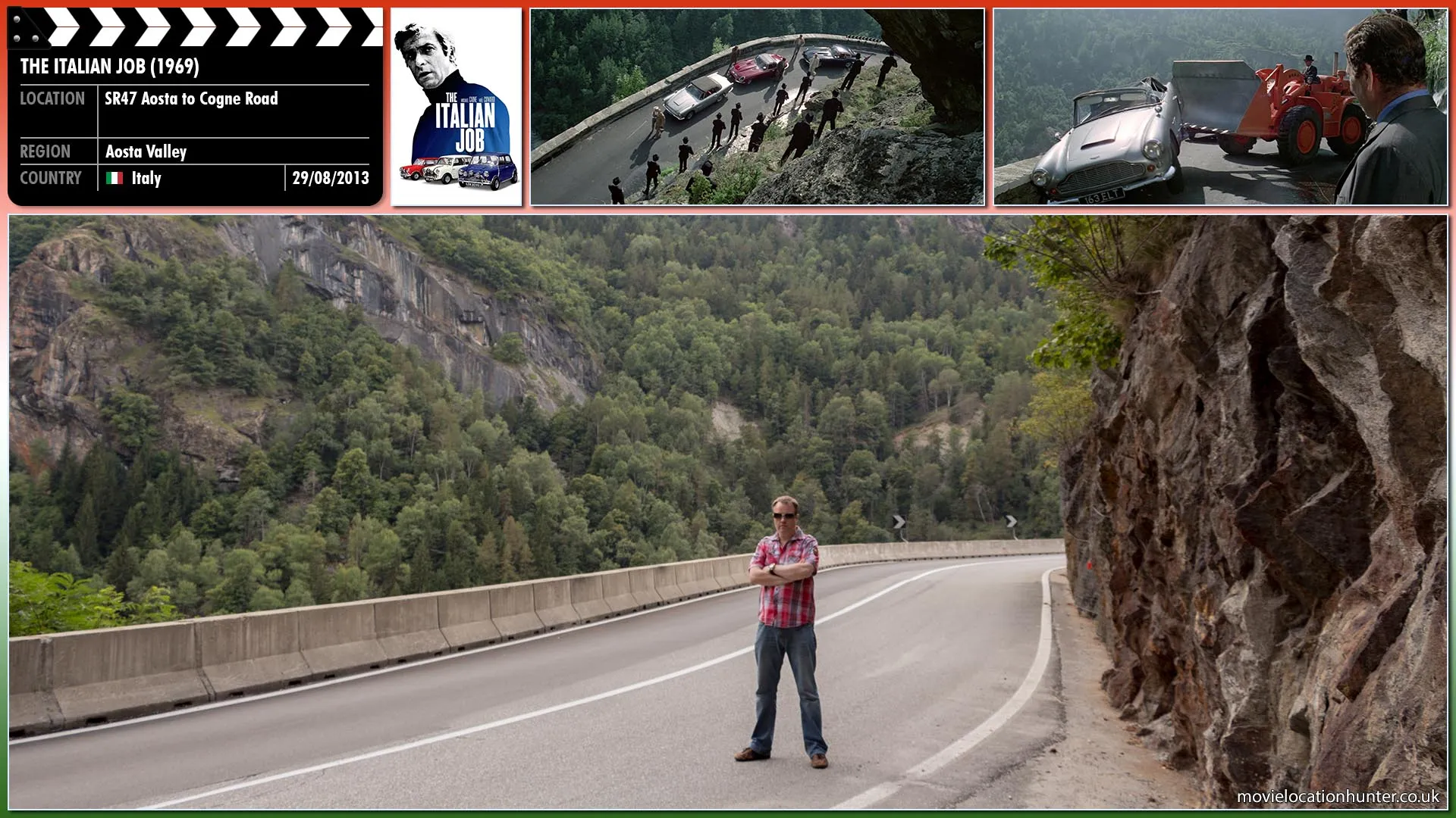Filming location photo, shot in Italy, for The Italian Job (1969). Scene description: After planning and training, Croker (Michael Caine) and crew set out for Turin. Mafia boss Altabani (Raf Vallone) and his underlings are waiting in the Alps at the same pass where they killed Beckermann (Rossano Brazzi). Altabani warns Croker that the Mafia are aware of the gang's intentions and smashes their Jaguar E-Type cars, sending Croker's personal Aston Martin DB4 drophead off a cliff. Croker tells Altabani that Mr. Bridger (Noël Coward) will avenge their deaths by attacking the Italian community in Britain. Altabani lets them go, ordering them to return to England. Instead, they proceed with the plan.