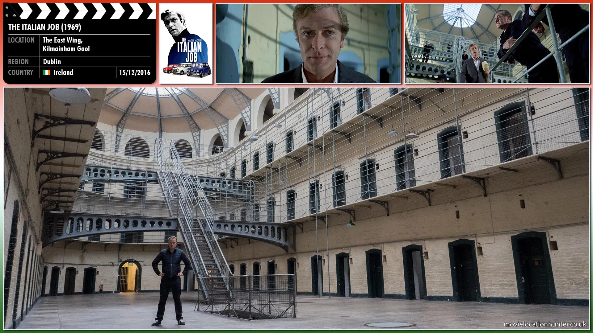 Filming location photo, shot in Ireland, for The Italian Job (1969). Scene description: Charlie Croker (Michael Caine) decides to continue the plan despite the risks, but needs a large, well-equipped gang. He breaks into jail to meet Mr Bridger (Noel Coward), a criminal who runs a gangland empire from prison. Croker explains 