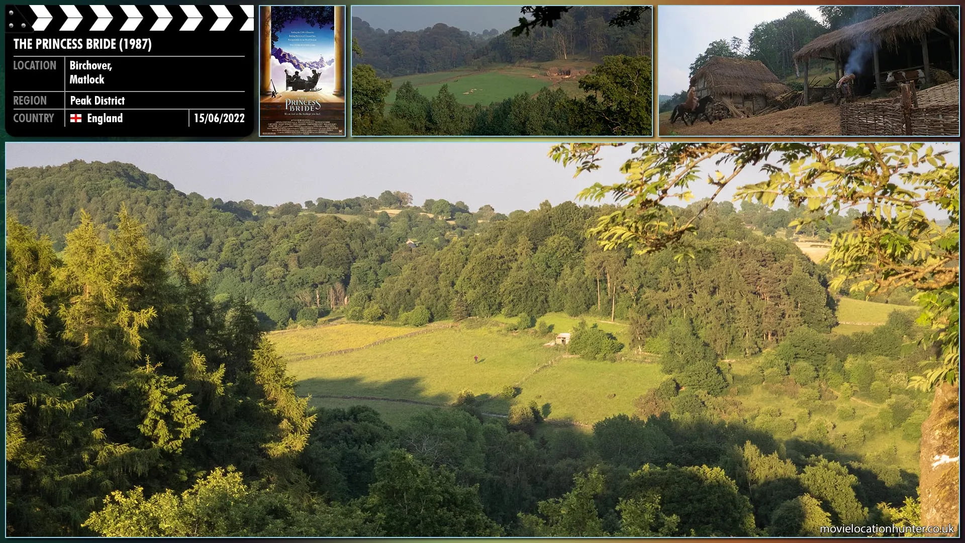 Filming location photo, shot in England, for The Princess Bride (1987). Scene description: Buttercup (Robin Wright) rides horseback to her small farm in the country of Florin. Upon arrival she dismounts and demands the farm boy (Cary Elwes) polish her horse saddle so she can see her face in it the next morning.