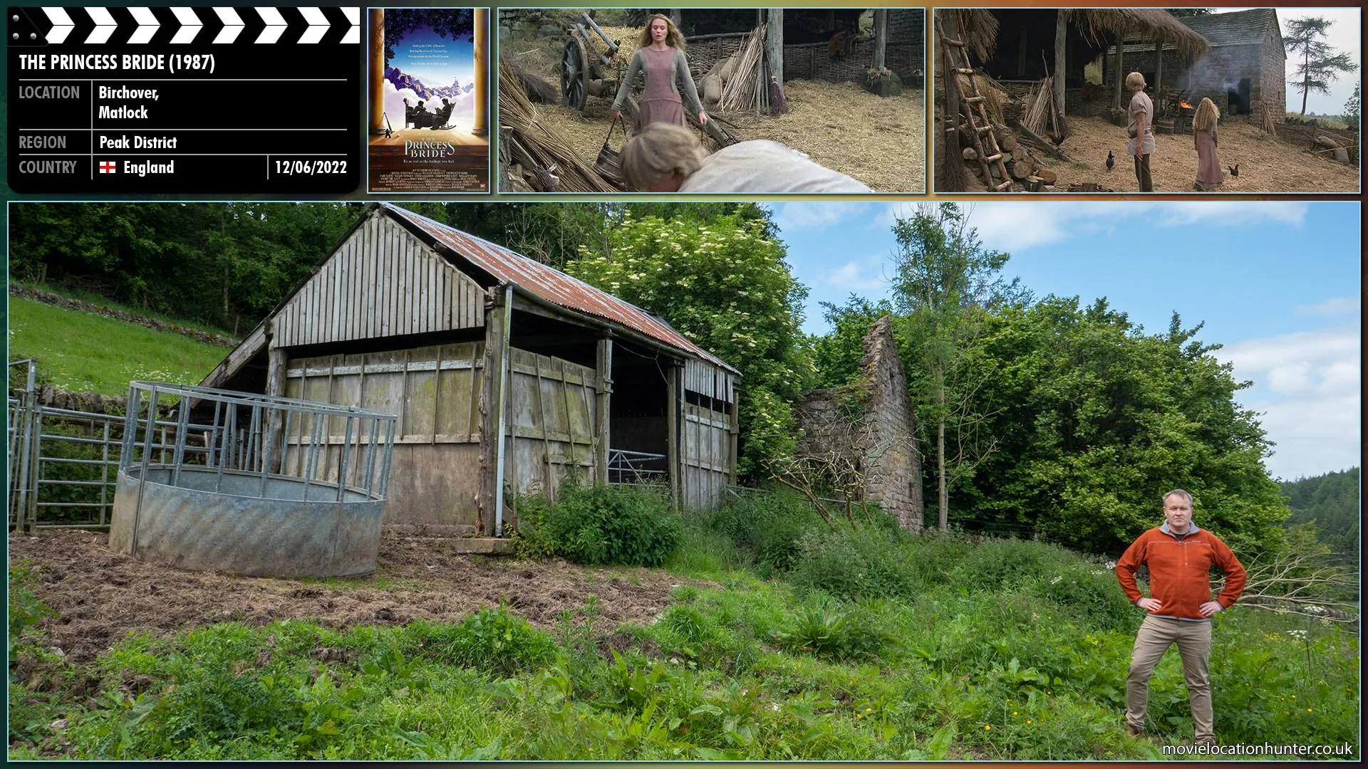 Filming location photo, shot in England, for The Princess Bride (1987). Scene description: Westley (Cary Elwes), outside, chopping wood. Buttercup (Robin Wright) drops two large buckets near him and demands he fills both buckets with water, but growing fond of him, she also says 
