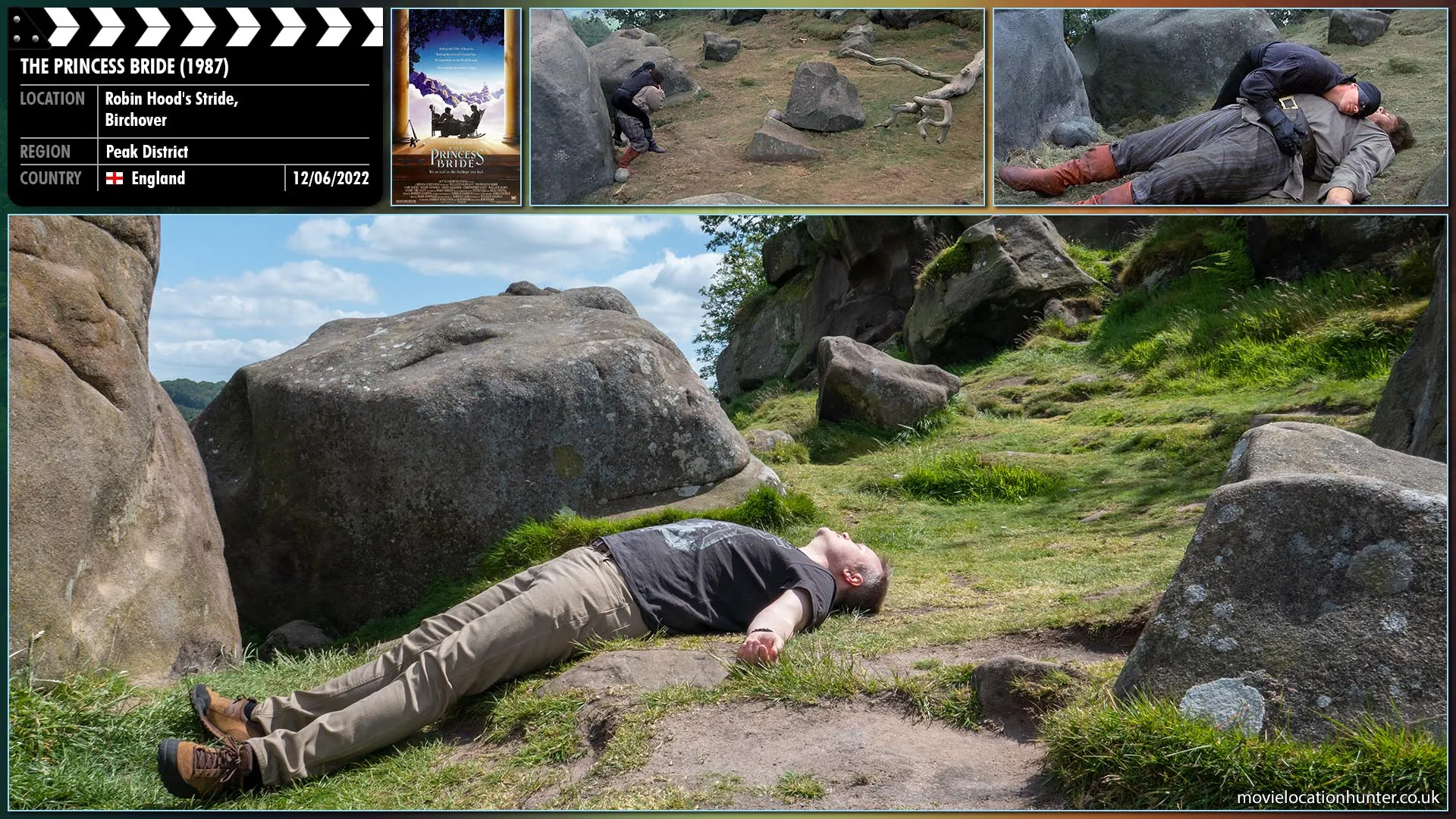 Filming location photo, shot in England, for The Princess Bride (1987). Scene description: Fezzik (André the Giant) slams the Man In Black (Cary Elwes) against a boulder, only this time his power has diminished and Fezzik starts to slowly collapse.  The Man In Black holds on for dear life until Fezzik eventually succumbs to the pressure and is out cold. The Man In Black turns him over, puts his ear to Fezzik's heart. It beats.