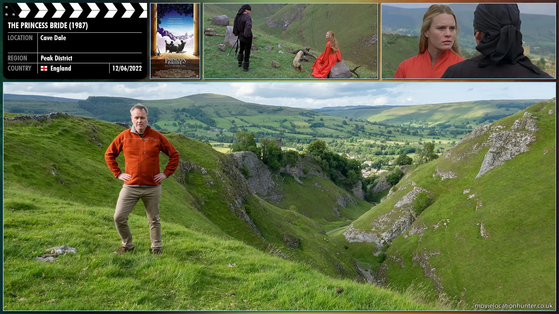 Filming location photo, shot in England, for The Princess Bride (1987). Scene description: Buttercup (Robin Wright) and the Man In Black (Cary Elwes) arrive at the edge of an almost sheer ravine. The drop is sharp and severe. Below, the ravine floor is flat. Buttercup confronts the Man In Black claiming he is the Dread Pirate Roberts to which he proudly acknowledges.