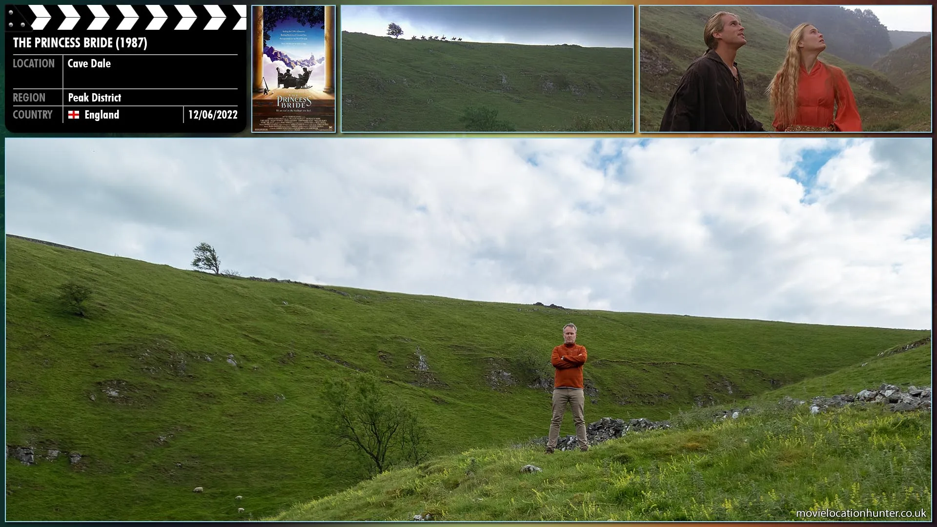Filming location photo, shot in England, for The Princess Bride (1987). Scene description: The Man In Black (Cary Elwes) is talking with Buttercup (Robin Wright) when something catches his attention and as he stares at it briefly, there on the horizon is Prince Humperdinck (Chris Sarandon) and his men on horseback.