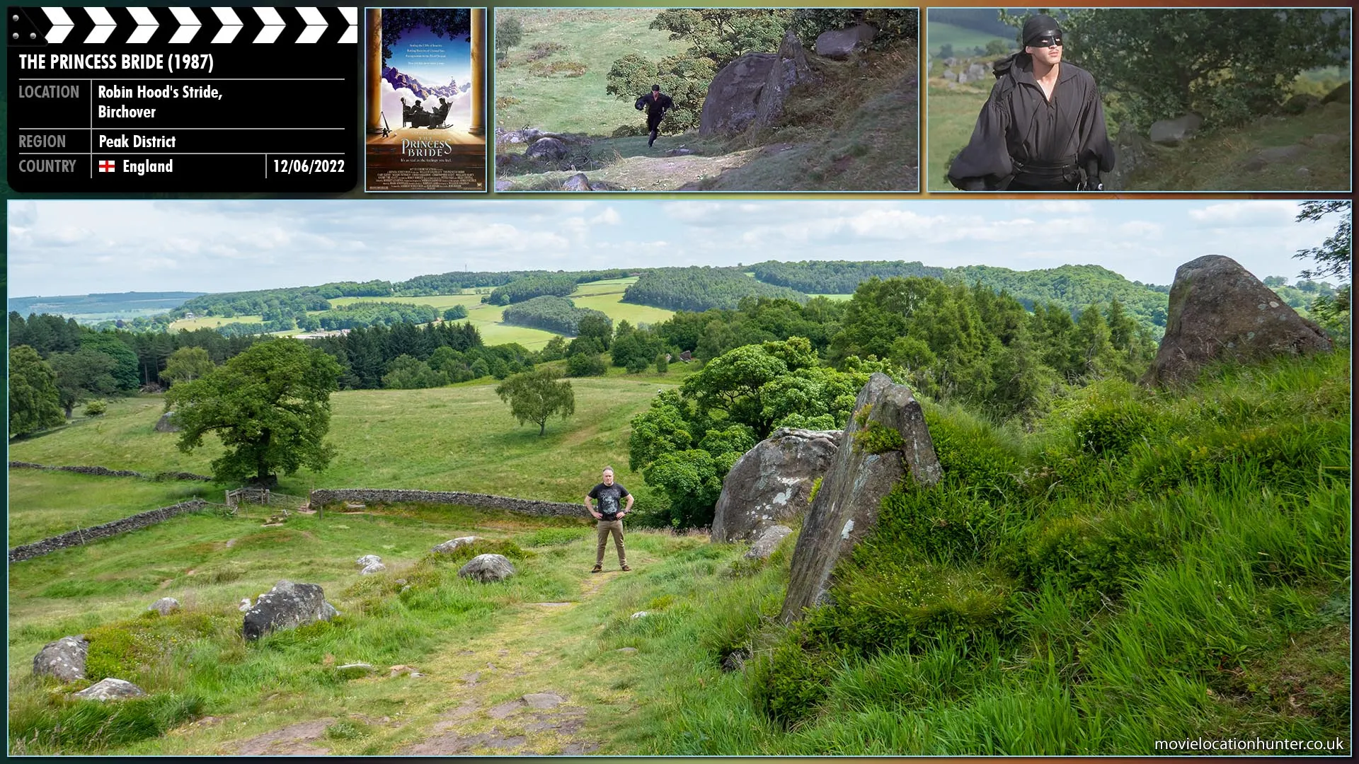 Filming location photo, shot in England, for The Princess Bride (1987). Scene description: The Man In Black (Cary Elwes) races up the mountain trail. Ahead is a bend in the trail. He sees it, slows. Then he stops, listening.