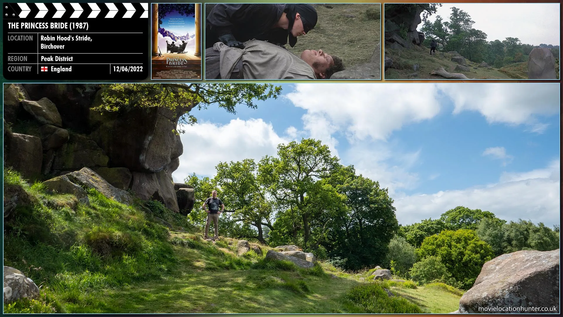 Filming location photo, shot in England, for The Princess Bride (1987). Scene description: After defeating Fezzik (André the Giant), the Man In Black (Cary Elwes) nimbly scoops up his sword with his foot, catches it and as he dashes off up along the mountain path.