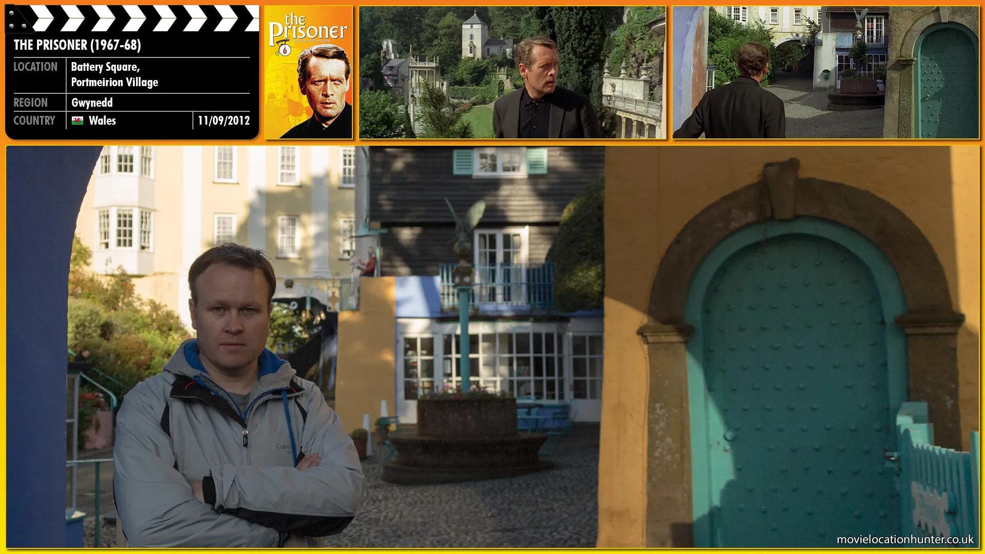Filming location photo, shot in Wales, for The Prisoner (1967). Scene description: The Prisoner (Patrick McGoohan) wakes up in what appears to be his study, but finds it is a mock-up located in 