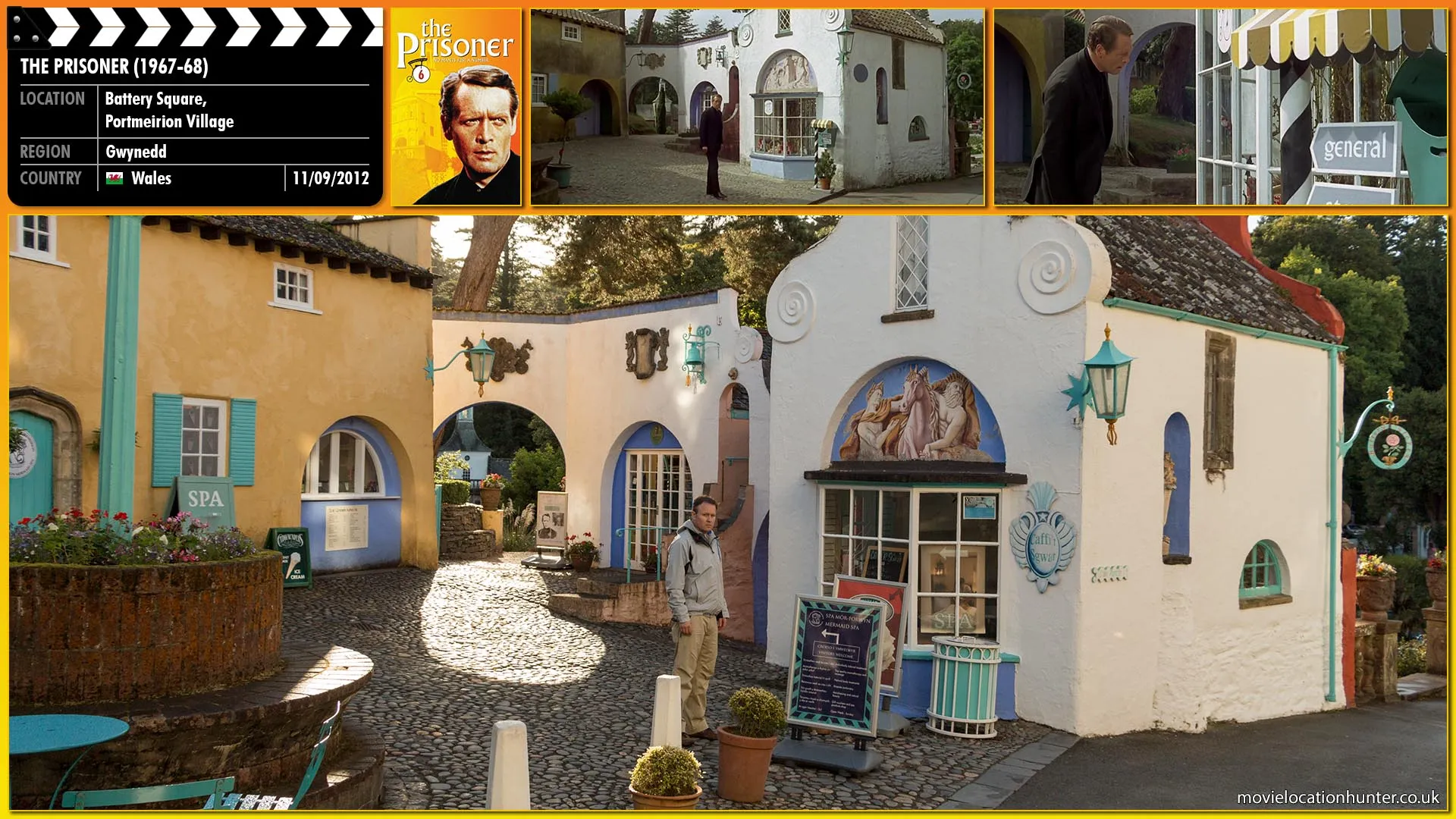 Filming location photo, shot in Wales, for The Prisoner (1967). Scene description: After a tour of the village, the prisoner (Patrick McGoohan) asks for a map of the area at The General Store. 'Colour or Black and White?' asks the shopkeeper (Denis Shaw). However, both 'Maps of Your Village' show only the village, the sea, the woods and the mountains. There's no call for a larger area!
