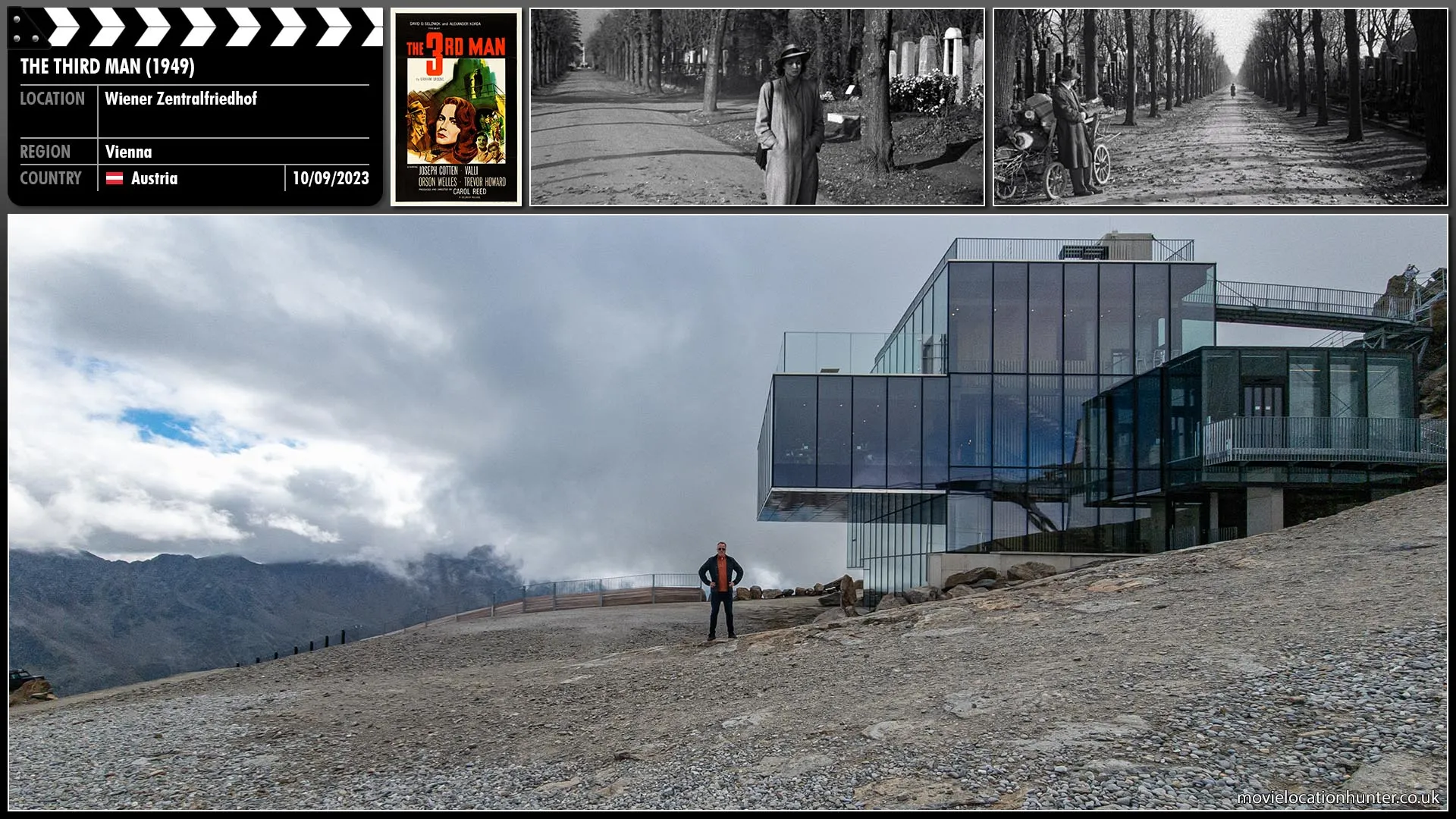 Filming location photo, shot in Austria, for The Third Man (1949). Scene description: Spotted by Blofeld (Christoph Waltz), Bond (Daniel Craig) makes a hasty exit from the meeting and rushes back to his Aston Martin.