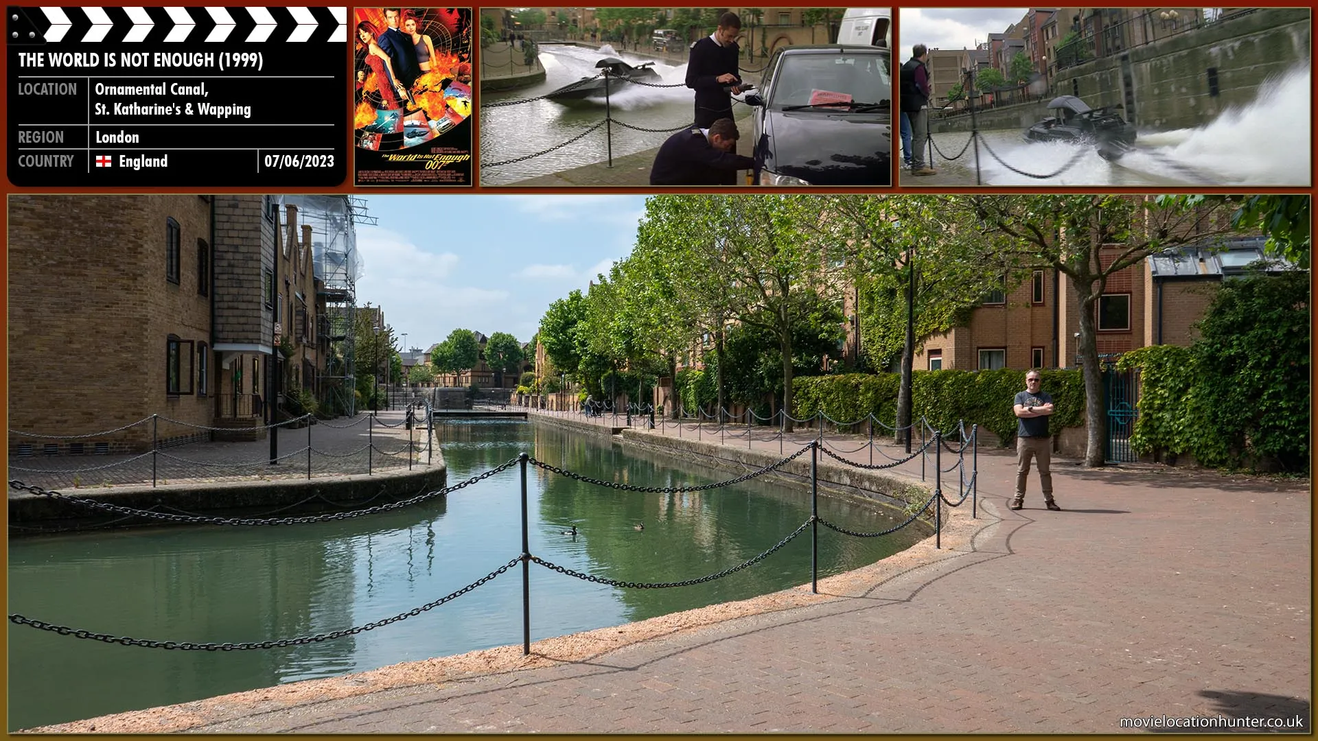 Filming location photo, shot in England, for The World Is Not Enough (1999). Scene description: Unable to follow directly, Bond (Pierce Brosnan) quickly finds an alternate river route in pursuit of the assassin and speeds along narrow canals drenching two traffic wardens as he turns into the bend at high speed.